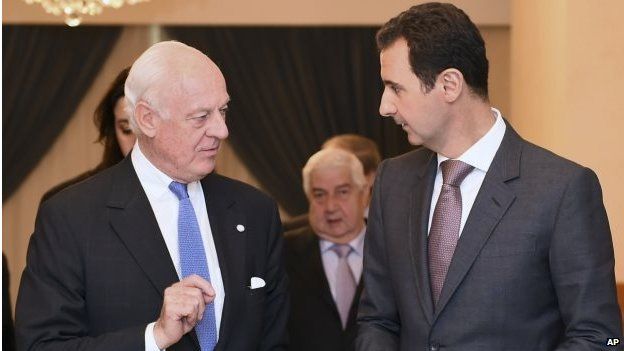 Staffan de Mistura (left) with Bashar al-Assad