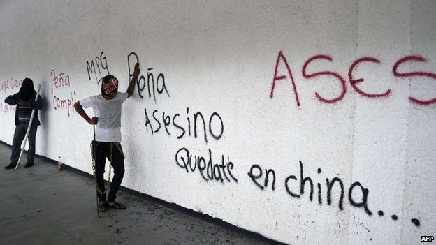 A demonstrator leans on a wall reading "Pena murderer. stay in China" on 12 November, 2014.