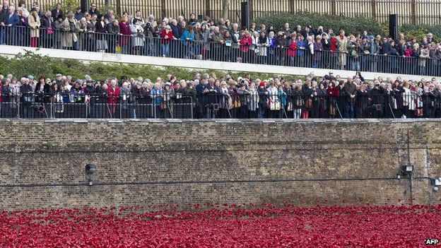 Crowds viewing the poppies at the Tower of London on 11 November 2014