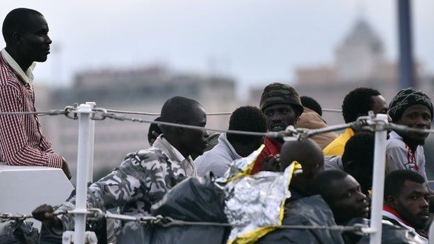 Migrants on a coast guard boat in Palermo, October 2014