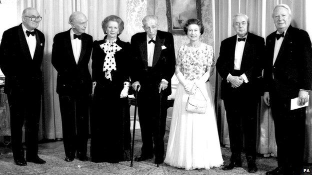 Queen Elizabeth II was pictured in 1984 with Margaret Thatcher and five of her predecessors as prime minister