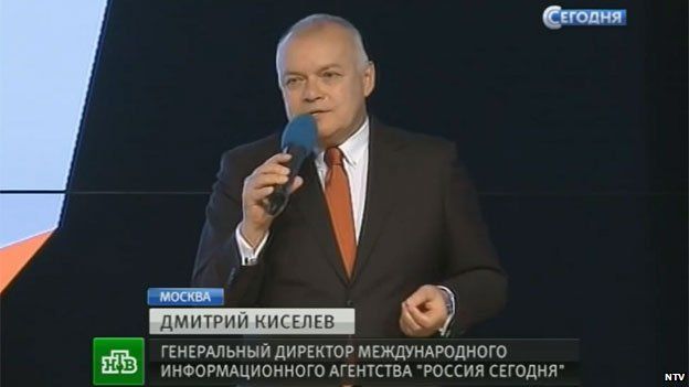 Russian NTV screengrab of Dmitry Kiselev at the launch of Sputnik
