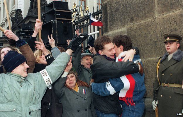 Young Czechoslovak people celebrate election of Vaclav Havel