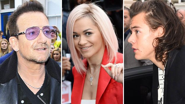 Left-right: Bono, Rita Ora, Harry Styles