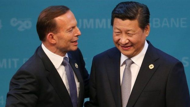 Australian Prime Minister Tony Abbott (left) and Chinese President Xi Jinping. Photo: 15 November 2014