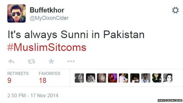 Tweet from Mansoor Bashir which started the #MuslimSitcoms hashtag says "It's Always Sunni in Pakistan"