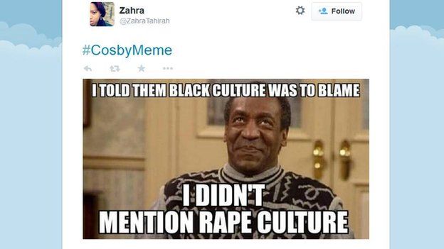 A tweet using the Bill Cosby meme generator references rape allegations.