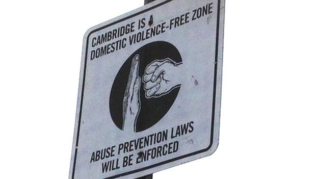 Anti-domestic violence sign in Cambridge, Massachusetts
