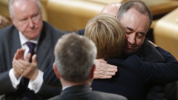 Alex Salmond hugs Nicola Sturgeon