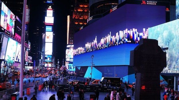 Billed as Times Square"s largest and most expensive digital billboard, a new megascreen is debuted in front of the Marriott Marquis hotel on November 18, 2014 in New York City