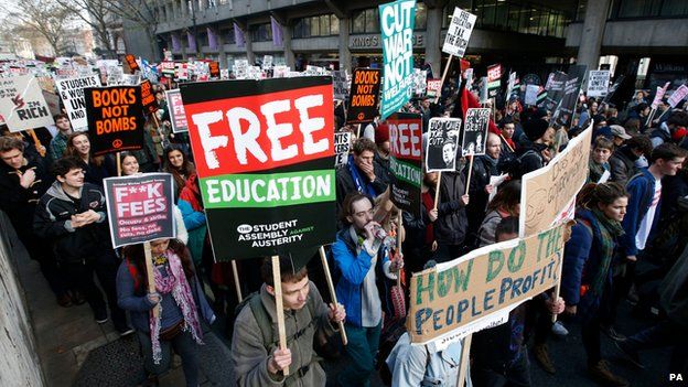 Students from across the country, in central London, taking part in a march through the capital to protest against tuition fees, debt and spending cuts.