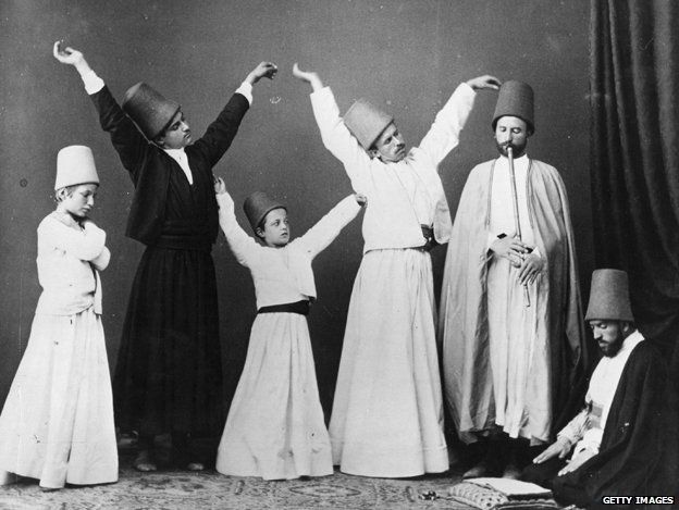 c. 1870 A group of dervishes begin their dance known as the dance of the Whirling Dervishes
