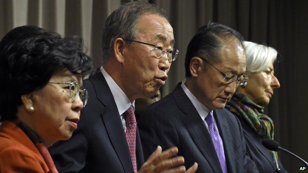 From left to right: WHO chief Margaret Chan, UN Secretary General Ban Ki-moon; World Bank chief Jim Yong Kim and IMF director Christine Lagarde