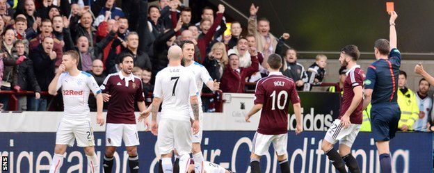 Rangers player Steven Smith is sent off against Hearts
