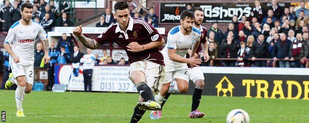 Jamie Walker scores a penalty for Hearts against Rangers