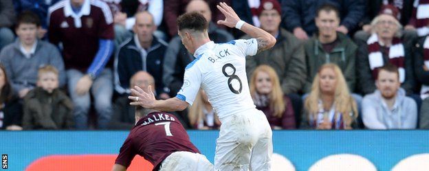 Rangers' Ian Black fouls Hearts' Jamie Walker and concedes a penalty