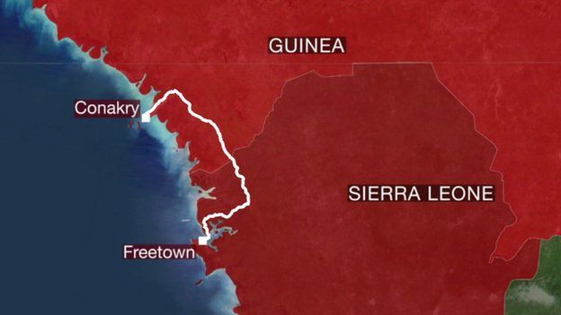 The route the BBC team took from Freetown to Conakry