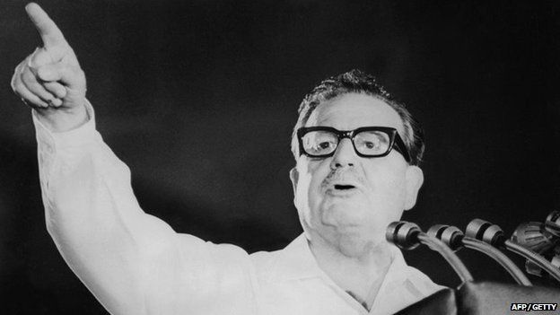 Salvador Allende speaks at the closing of the Chilean Communist Party's 5th anniversary in Santiago in 1970