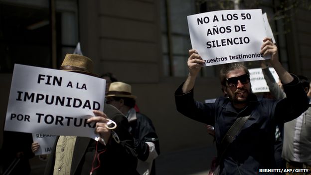 Members of human rights organizations protest in front of the presidential Palace La Moneda in Santiago, on 3 October, 2014