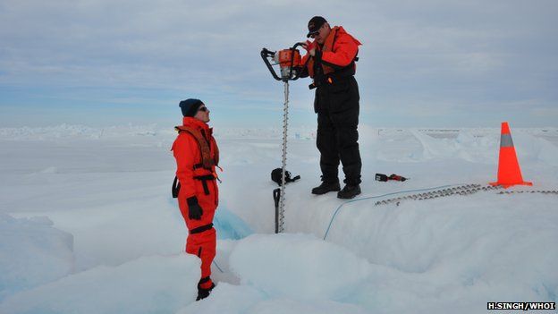 Drilling the sea ice in the Bellingshausen sea to deploy a navigational transceiver