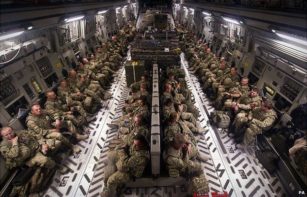 British military personnel in southern Afghanistan sitting patiently onboard a RAF C17 destined for the UK