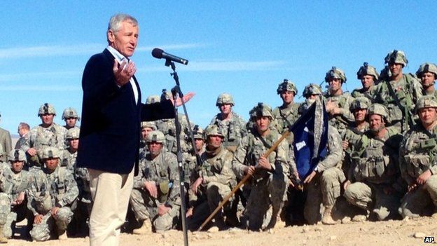 US Secretary of Defense Chuck Hagel speaks to members of 3rd Brigade, 4th Infantry Division, at the National Training Center in Fort Irwin, Calif. on 16 November 2014
