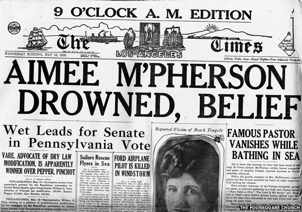 Newspaper headline "Aimee McPherson drowned, belief"