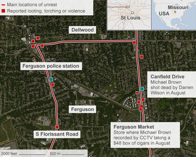 Map of Ferguson, showing where Michael Brown was shot dead - 25 November 2014