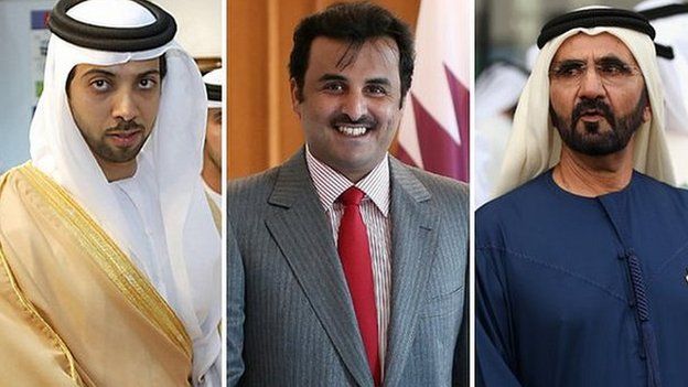 Sheikh Mansour, Sheikh Tamim bin Hamad Al Thani and Sheikh Mohammed bin Rashid Al Maktoum
