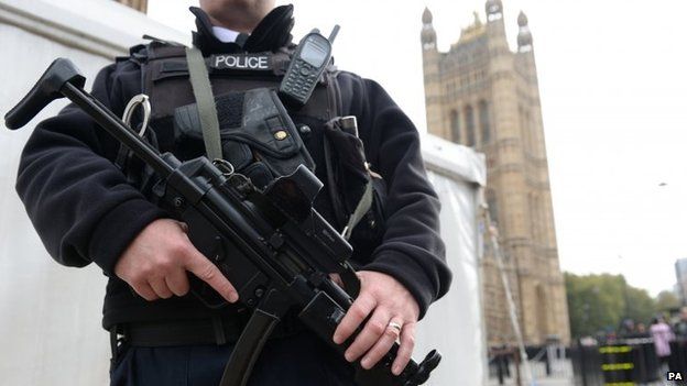An armed Metropolitan police officer outside the Houses of Parliament