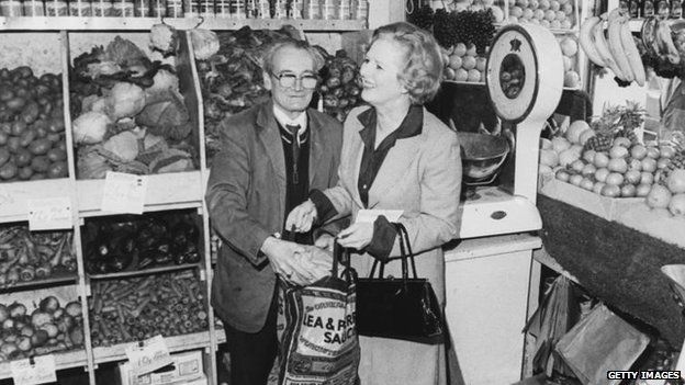 Margaret Thatcher in a greengrocers shop in 1979