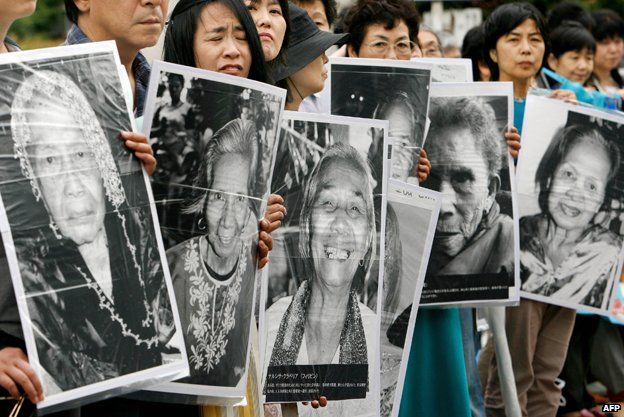 Japanese women hold portraits of Chinese, Philippine, South Korean and Taiwanese former comfort women in Tokyo, Japan in 2007