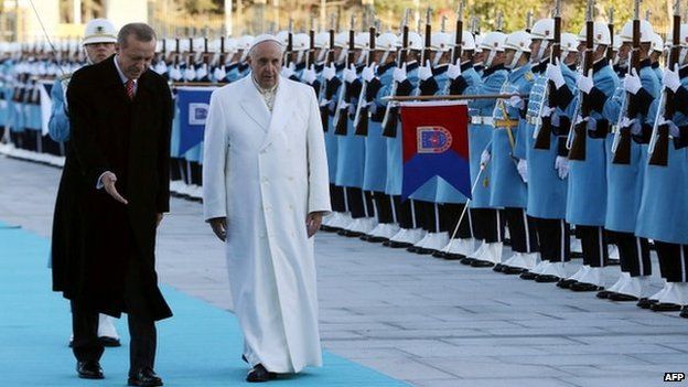 Pope Francis stands next to Turkey's President Tayyip Erdogan at the presidential palace in Ankara 28 November 2014