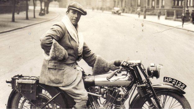 George Brough on one his Brough Superior bikes