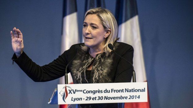 National Front leader Marine Le Pen delivers a speech during the 15th congress of the party in Lyon, France on 30 November 2014