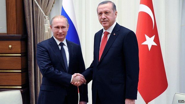 Russian President Vladimir Putin shakes hands with Turkish counterpart Recep Tayyip Erdogan in Ankara. 1 Dec 2014