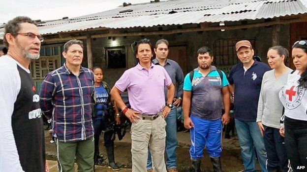 Farc handout picture showing Pastor Alape (left) and Gen Alzate (2nd from the left)