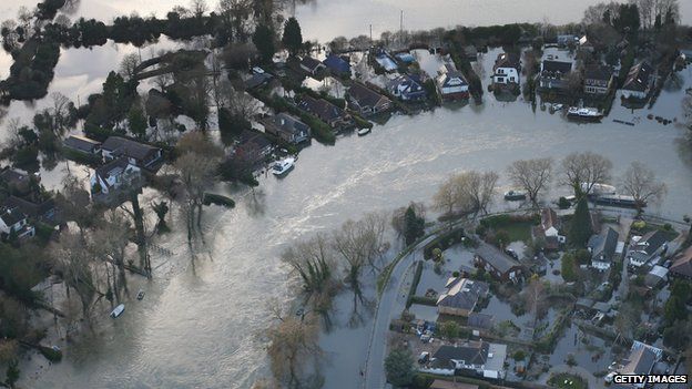 Flooded homes near Walton on Thames in February 2014