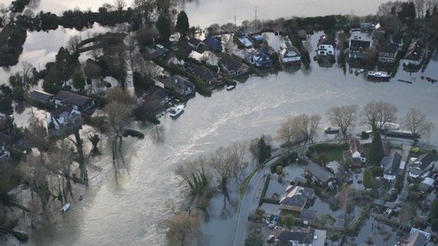 Flooded homes near Walton on Thames in February 2014