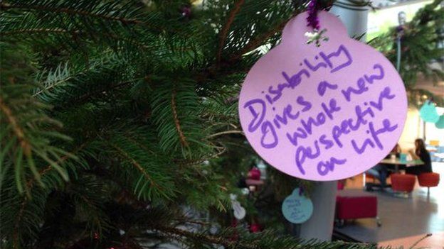 Matt Davies' picture of a bauble on a xmas tree saying "disability gives a whole new perspective on life"