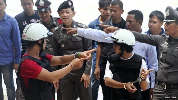 Win Zaw Htun and Zaw Lin taking part in a reconstruction organised by Thai police