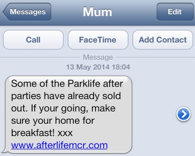 Text message from Parklife.