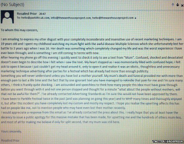 Ros' email to Parklife.