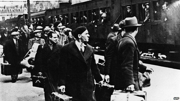 File photo: Foreign Jews, mainly Polish Jews, getting off the train in Pithiviers, central France, May 1941. Thousands of Jews were imprisoned in the transit camp of Pithiviers et Beaune-la-Rolande during World War Two
