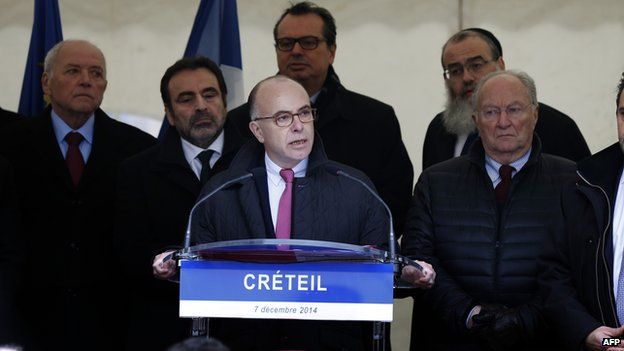 French Interior Minister Bernard Cazeneuve on December 7, 2014 addresses a rally against anti-Semitism in the Paris suburb of Creteil, where a couple was attacked on December 1 apparently because the man was Jewish.