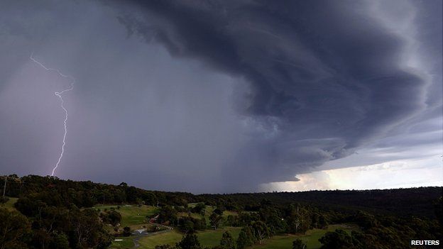 Lightning in a large storm over the Sydney suburb of Wakehurst. 5 Dec 2014