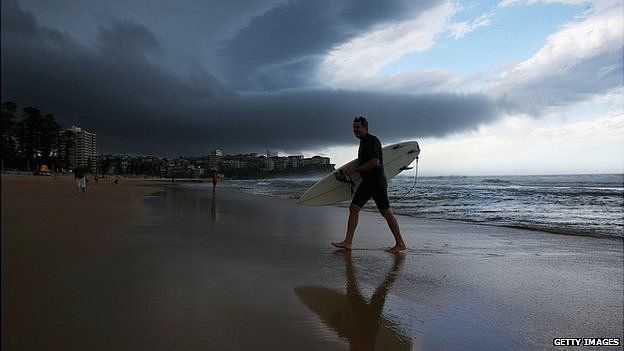 Storm clouds gather over Manly Beach, Sydney. 7 Dec 2014