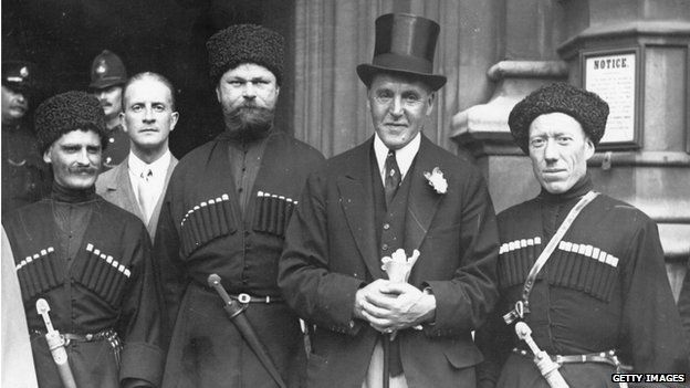 Lord Birkenhead with Russian visitors outside Parliament in 1928