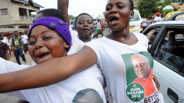 Girls wearing T-shirts showing photographs of the ruling National Democratic Congress candidate President John Mahama dance during a rally at Cape Coast, in Ghana's central region, on 2 December 2012