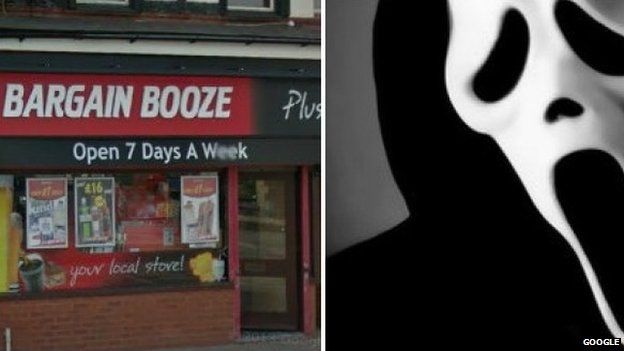 Bargain Booze store and Scream mask